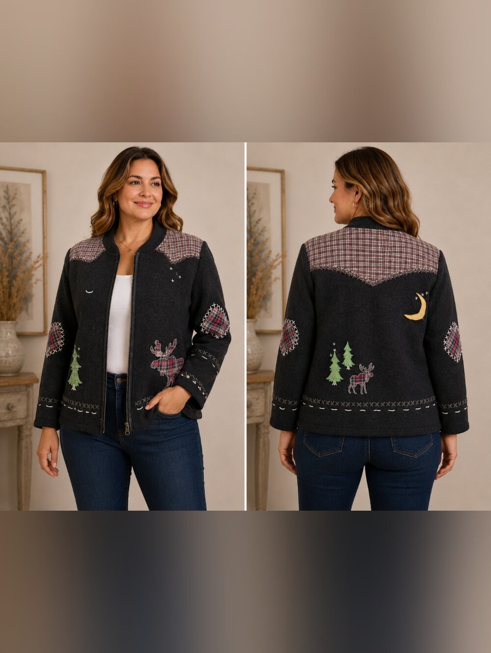 VTG Coldwater Creek Wool Christmas Sweater M Oversized Patchwork Moose Zip Up